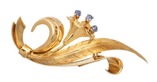 Tiffany & Co (Italy) 18kt Yellow Gold & Sapphire 'Lily' Brooch, W .75'' L 1.75'' 6g