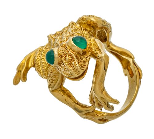 18Kt Yellow Gold Frog Ring, Emerald Eyes, 21g Size: 7.75