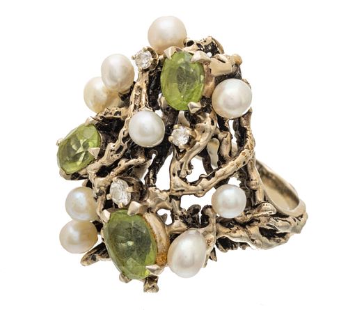 Peridot, Pearl, Diamond & 14Kt White Gold Ring, 17g Size: 6