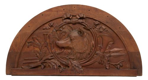 English Relief Carved Golden Oak Overmantle C. 1900, Fox Hunt Theme, H 33'' W 62''
