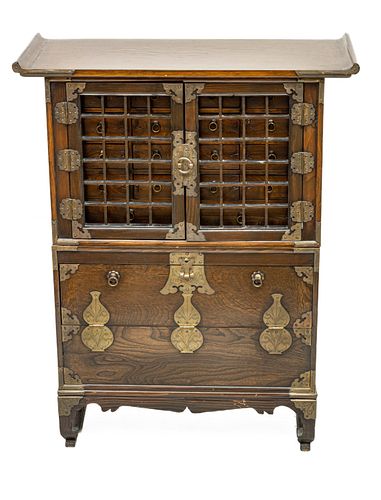 Korean Wood & Brass Apothecary Cabinet, C. 1950, H 36'' W 28'' Depth 12''