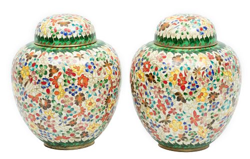 Chinese Cloisonne Covered Ginger Jars, H 10'' Dia. 8'' 1 Pair