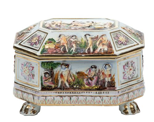 Capo Di Monte, Italian Porcelain Covered Jewel Box C. 1960, H 4.7'' W 5'' L 7''