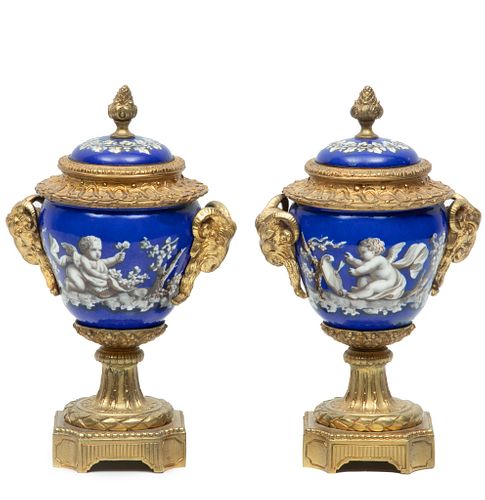 French Regency Sevres Porcelain En Griseille & Gilt Bronze Urns, C. 19th.c., H 8.25'' Dia. 5'' 1 Pair