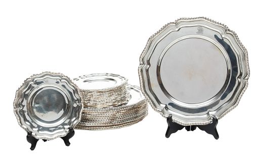 Sheffield Silver Plate Chargers 11" And Bread Plates 6" Engraved Crests Dia. 11'' 24 pcs