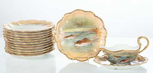 Coronet, Limoges Hand Painted Porcelain Fish Plate Service Dia. 9'' 14 pcs