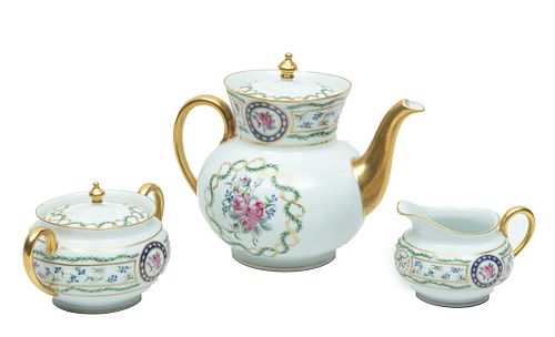 Haviland (Limoges) 'Louveciennes' Gilded Porcelain Teaset, H 7'' W 5.25'' L 9'' 3 pcs