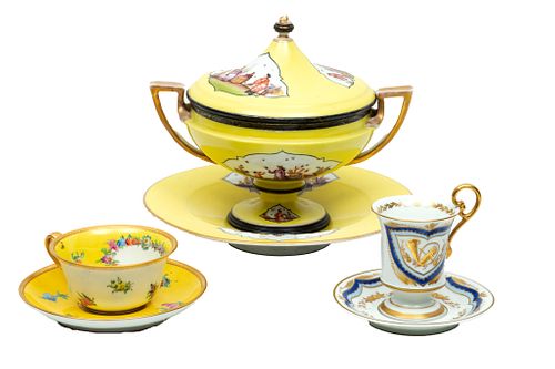 Dresden & French Limoges Porcelain Covered Tureen & Teacups, H 7.5'' W 6.25'' L 9'' 6 pcs