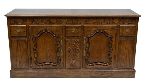 Carved Country French Style Oak Sideboard C. 1960, H 32'' L 64'' Depth 19''