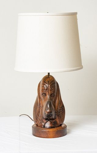 Carved Wood Hound Head Table Lamp H 13
