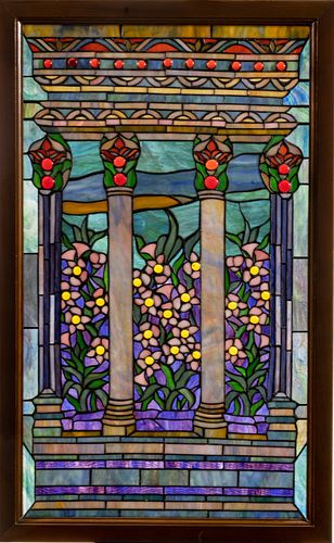 Leaded Stained Glass Window, Pillared Garden H 33'' W 19'' 1 pc