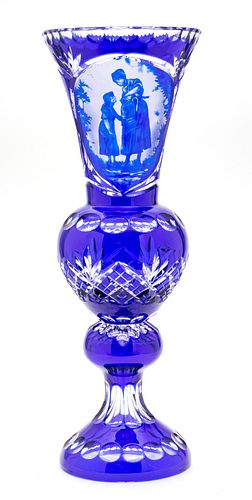 Czechoslovakia  Cobalt Blue Overlay Crystal Vase C. 1960, H 21''