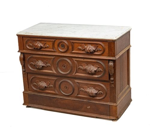 English Walnut Chest Of Drawers, Marble Top, C. 1900, H 33'' W 42'' Depth 20''