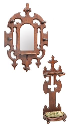 American Eastlake Carved Walnut Hall Mirror And Umbrella Stand C. 1900, H 44'' W 28.5''