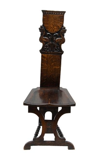 English Oak Side Chair, Griffin Motif C. 1900, H 46'' W 17''