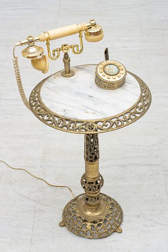 Marble & Brass Telephone Table, C. 1960, H 26'' Dia. 14''