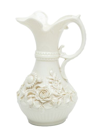 Irish Belleek Porcelain Ewer, Raised Flowers H 9''