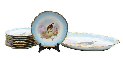 Gold Edge Dinner Plates (9) And Platter: Hand Painted Game Birds Dia. 9.5'' 10 pcs