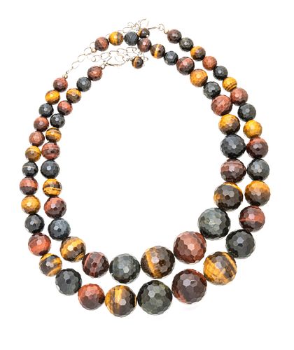 Tiger's Eye (9-22mm) Bead & Sterling Silver Necklaces, L 20.5'' 252g 2 pcs