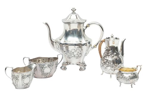 Sterling Silver Teapots, Creamer & Sugars, H 9'' W 4'' L 9.5'' 34.49t oz 5 pcs