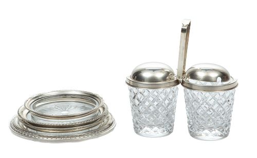 Sterling Silver Border With Glass Coasters And Trays, 4.5" - 6" 6 pcs