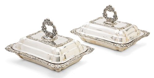 English Silver Plate Covered Tureens, C. 1820, H 7'' W 8'' L 11'' 1 Pair
