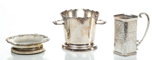 Old English Reproduction Silver Plate Champagne Bucket, Bottle Coaster & Mug 3 pcs