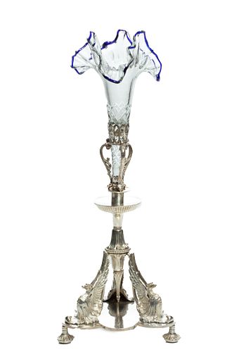 Silver Plate Eagle Base Epergne, Blown Glass Vase C. 1870, H 17'' W 7''