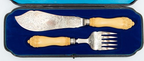 Mappin Brothers (London) Celluloid & Sterling Silver Fish Fork + Knife C. 1883