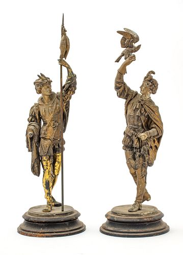 Gilded Spelter Figural Sculptures, Hunters Of Falconry, H 20'' Dia. 6'' 1 Pair