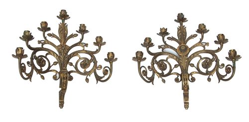 French Baroque Style Gilt Bronze Sconces C. Mid 20th C., H 22'' Depth 9'' 1 Pair