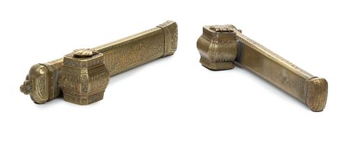 Turkish Ottoman Brass Brush Holder And Ink Pots C. 19th.c., L 9'' 2 pcs