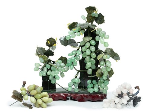 Chinese Hardstone & Jadeite Grape Cluster Sculptures, H 15.5'' W 5'' L 13.5'' 3 pcs