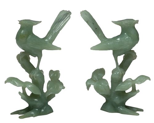 Serpentine Carved Stone Birds In Branches H 7.5''