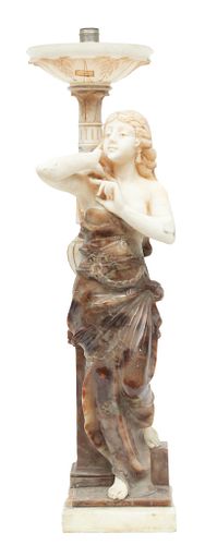 Art Deco Italian Alabaster & Marble Sculpture - Figural Lamp, Damage To Column C. 1900, H 30''