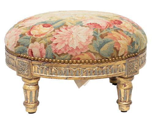 Louis XVI Style Foot Rest, 18th Century Tapestry, H 10'' Dia. 17''