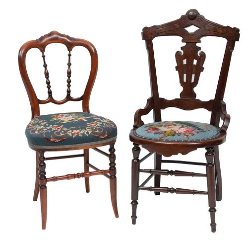 Mahogany Side Chairs With Needlepoint C. 1900, 2 pcs