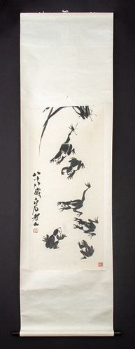 Qi Baishi Ink Scroll Painting of Frogs