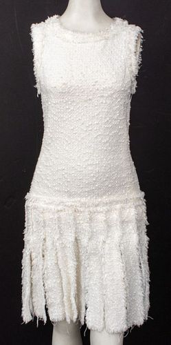 Chanel Couture White Tweed Fringe Sleeveless Dress