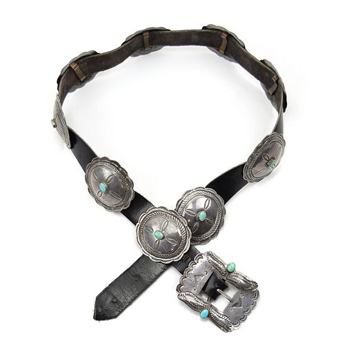 Navajo Turquoise and Silver Concho Belt c. 1930s, Size 28-31 (J9293)