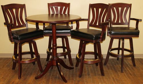 American Heritage Set Of 4 Carved Wood Bar Stools And Table  20th C., Five Pieces