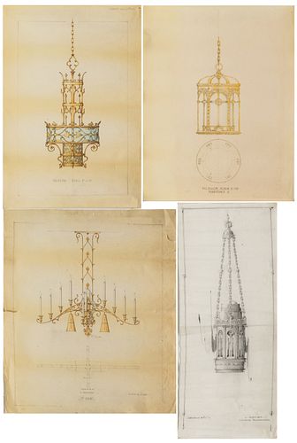 Graphite & Colored Pencil Drawings Of Chandeliers, C. 1910, H 24'' W 20'' 4 pcs