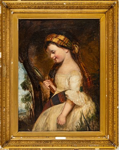 Continential 19th Oil On Canvas, 19th.c., Girl With Mirror, H 31'' W 22.5''