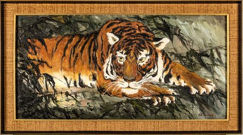 Yu Wah Leung (Chinese Born, 1959) Oil On Canvas, Tiger In Foliage, H 24'' W 48''