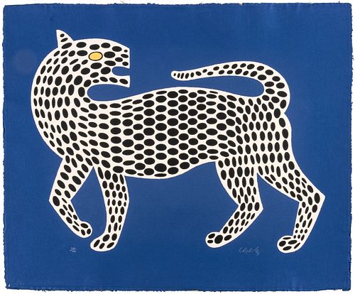 Victor Vasarely (French/Hungarian, 1906-1997) Serigraph In Colors On Gallo-Cast Paper, White Leopard With Black Spots On Blue Background