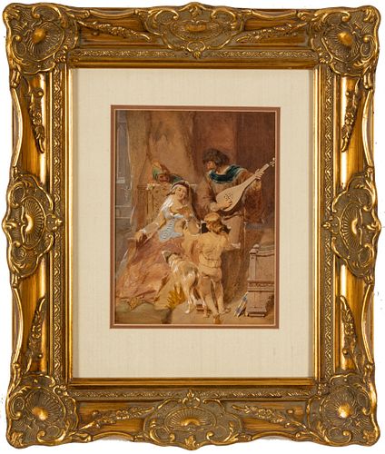 Attr. James Dromgole Linton (British, 1840-1916) Gouache & Graphite On Wove Paper, Interior Leisure Scene, H 9.25'' W 7''