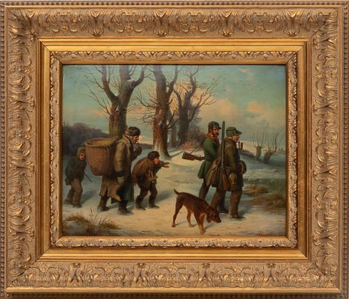 Frederich Moritz Wendler (German, 1814-1872) Oil On Board Winter Hunting Scene, H 10'' W 12.5''