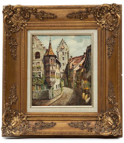 Klaus Rochel (German B. 1936) Oil On Panel, German Street Scene, H 12'' W 10''