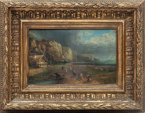 Continental Oil On Canvas Mounted To Board, Later 19th C., Costal Village, H 7.75'' W 11.75''