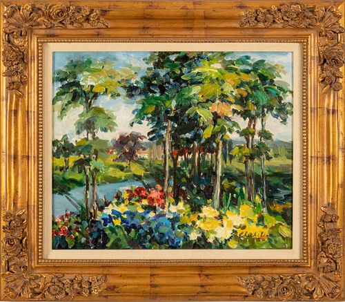 Chechillia (20th/21st C.) Oil On Canvas, Summer Garden Scene, H 20'' W 24''